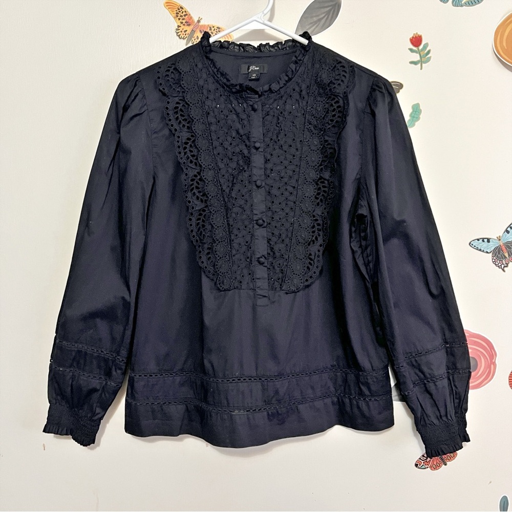 J. Crew Black Ruffle-Neck Eyelet Top 10